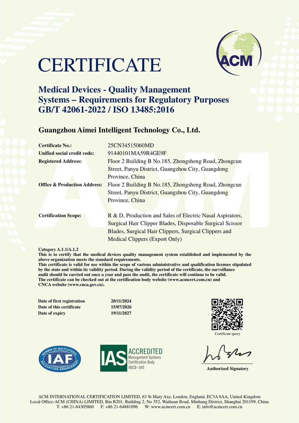 Certificado ISO 13485:2016 (SGC de dispositivos médicos) — cover page