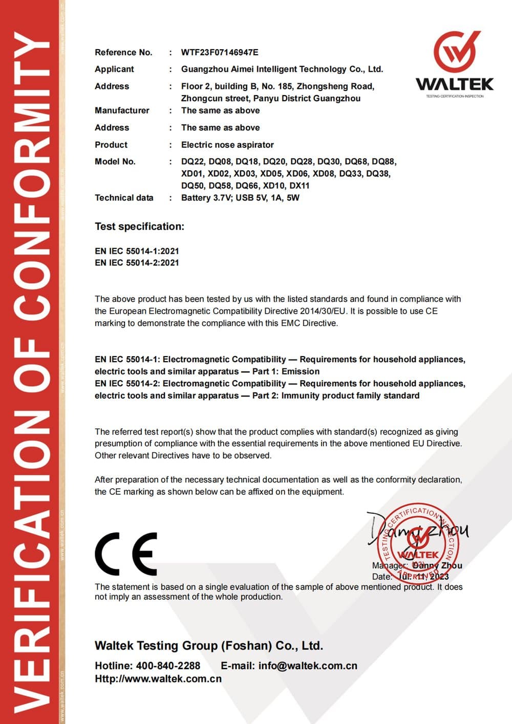 CE Verification of Conformity (EMC Directive) — cover page