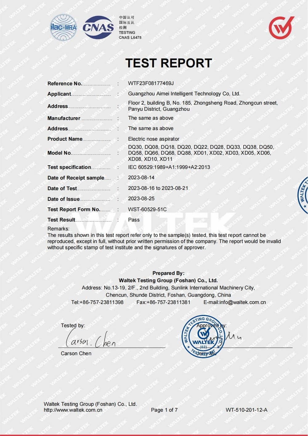 Dust Ingress Test Report (Pass) — cover page
