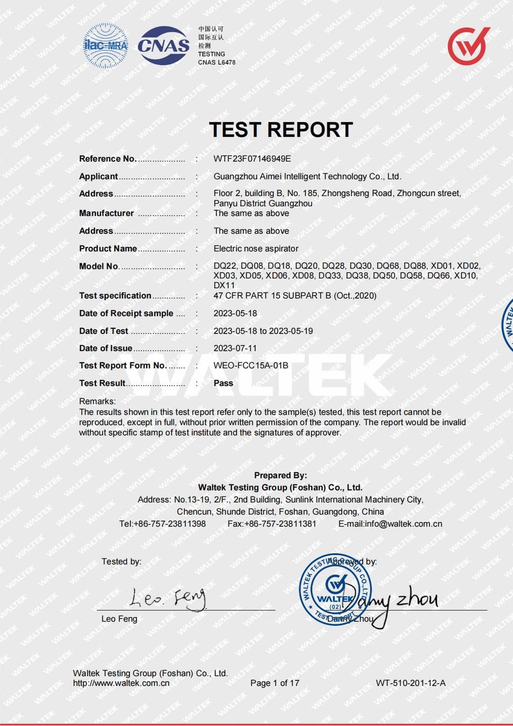 FCC Test Report (Pass) — cover page