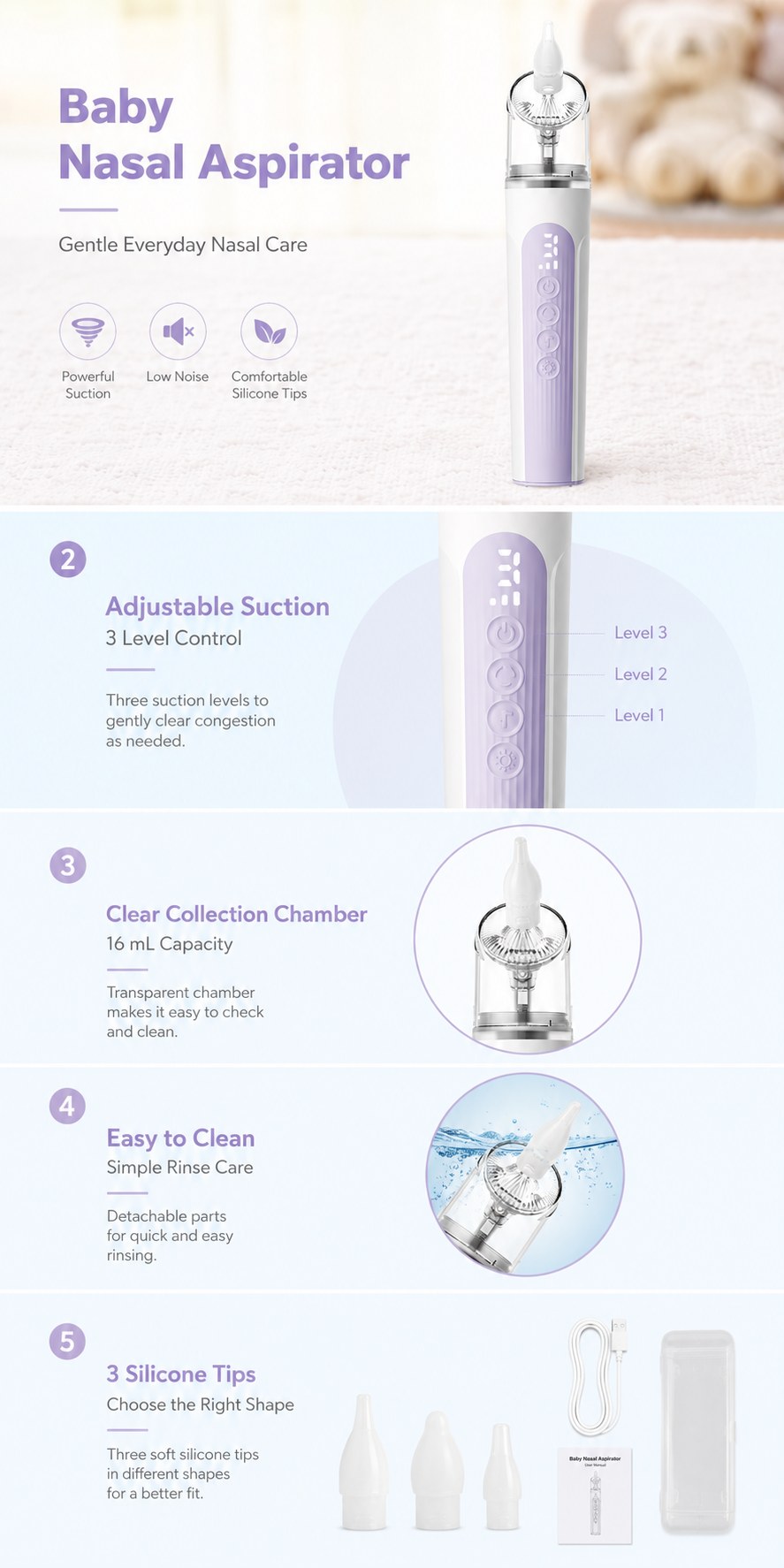 DQ68 전동식 영유아용 콧물흡입기 — features and specifications 1